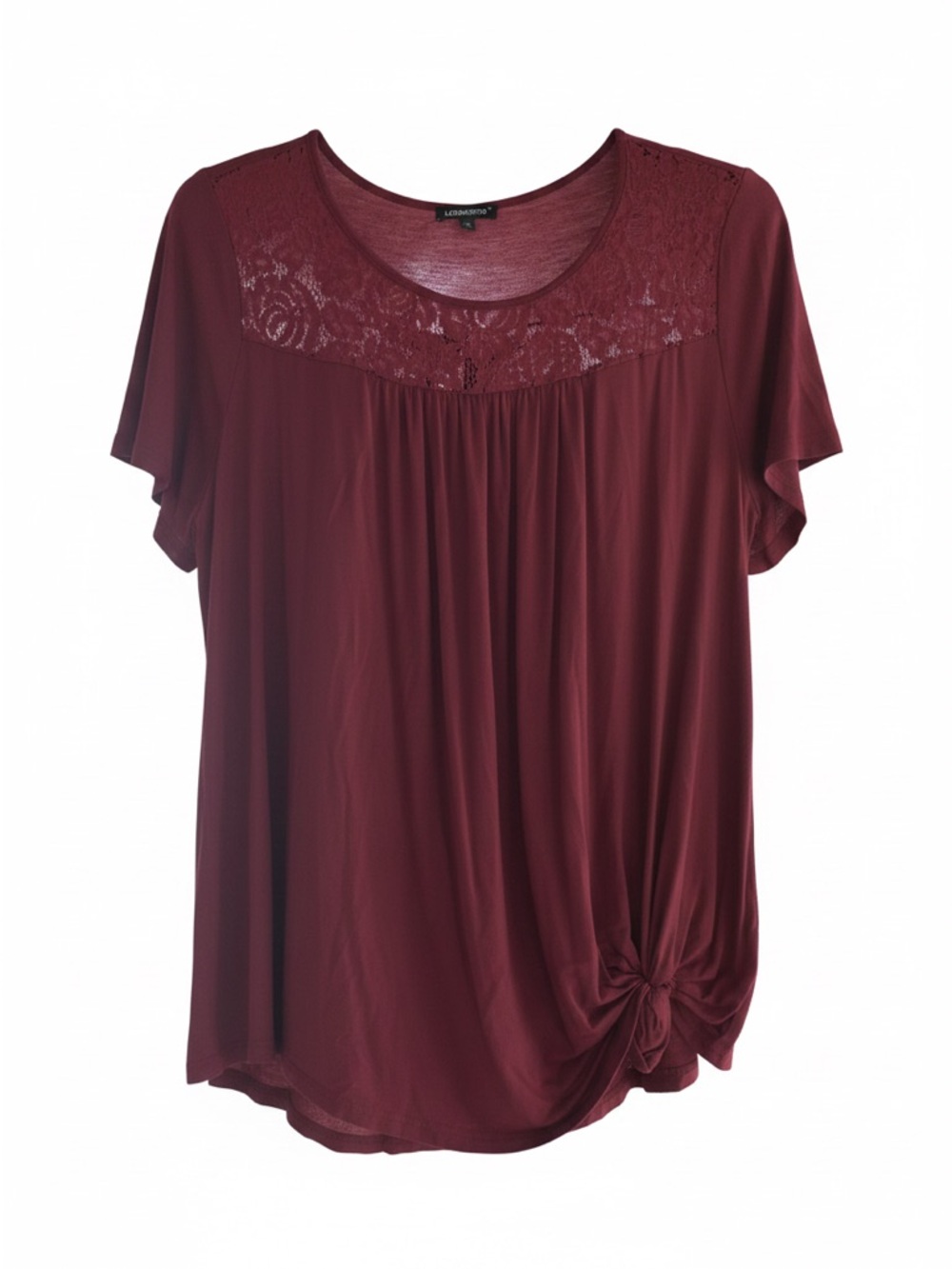 Lush Lace Yoke Knot-Front Short Sleeve Tee — Burgundy